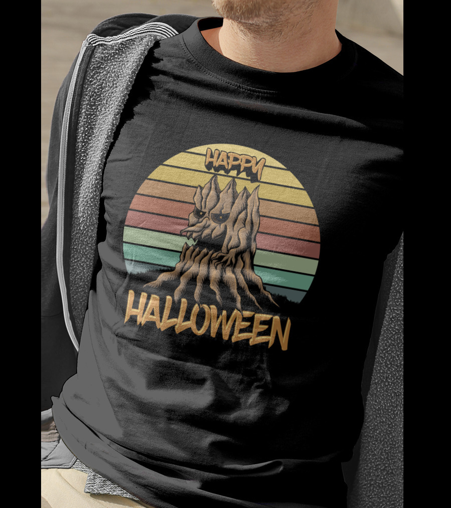 Happy Halloween Retro Wood Tree Vintage Stripes T-Shirt
