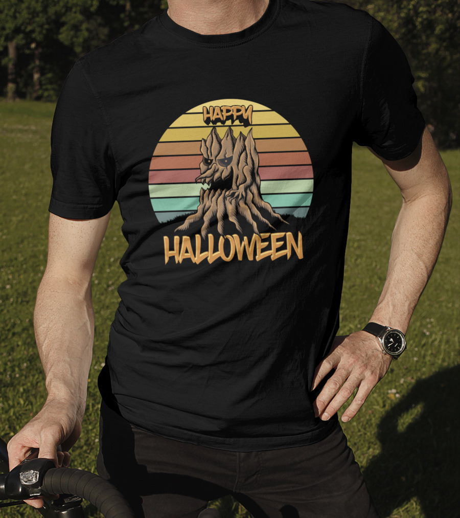 Happy Halloween Retro Wood Tree Vintage Stripes T-Shirt
