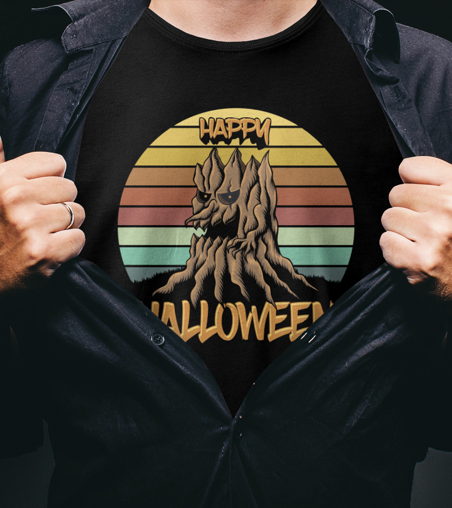 Happy Halloween Retro Wood Tree Vintage Stripes T-Shirt