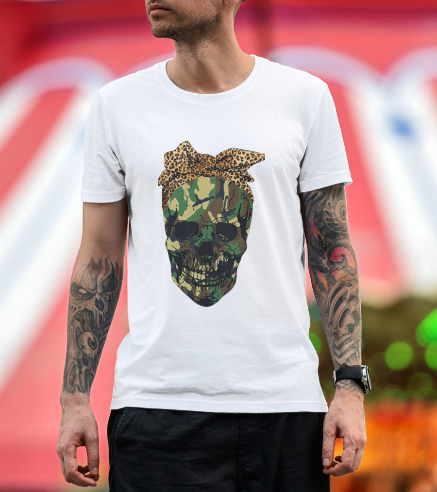 Camo Skull with Leopard Print Bow T-Shirt