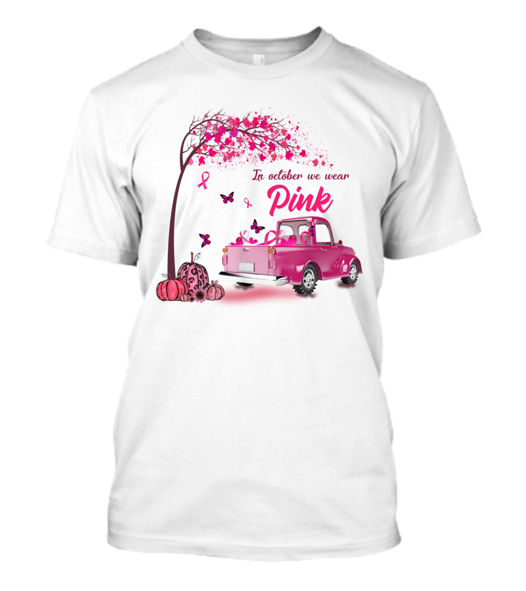 In October We Wear Pink Butterfly Tree Truck Ribbons Pumpkins T-Shirt