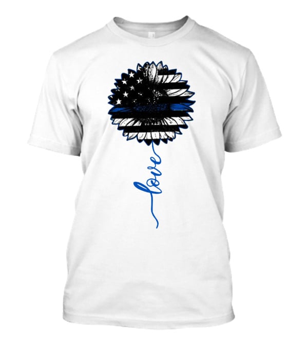 American Flag Sunflower Thin Blue Line Love T-Shirt