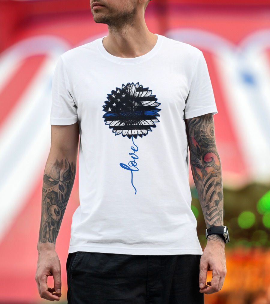 American Flag Sunflower Thin Blue Line Love T-Shirt