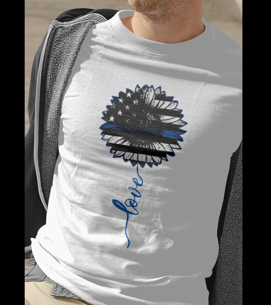 American Flag Sunflower Thin Blue Line Love T-Shirt
