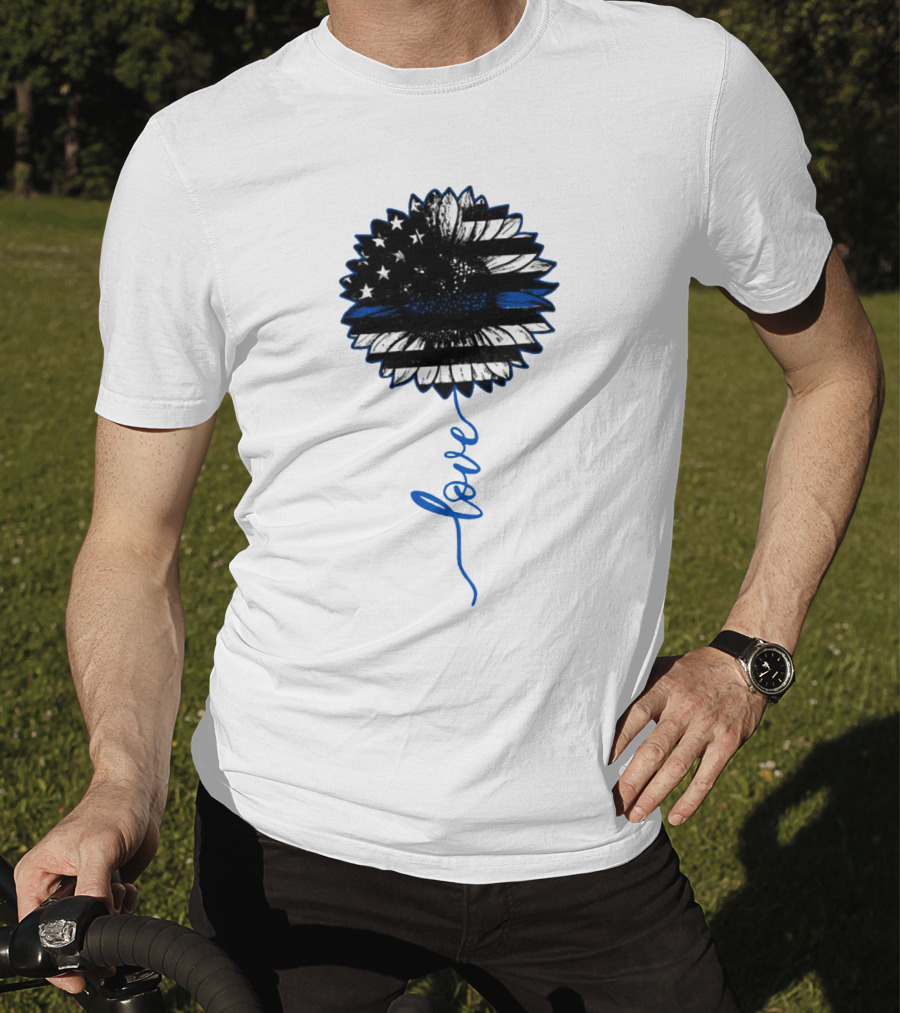 American Flag Sunflower Thin Blue Line Love T-Shirt