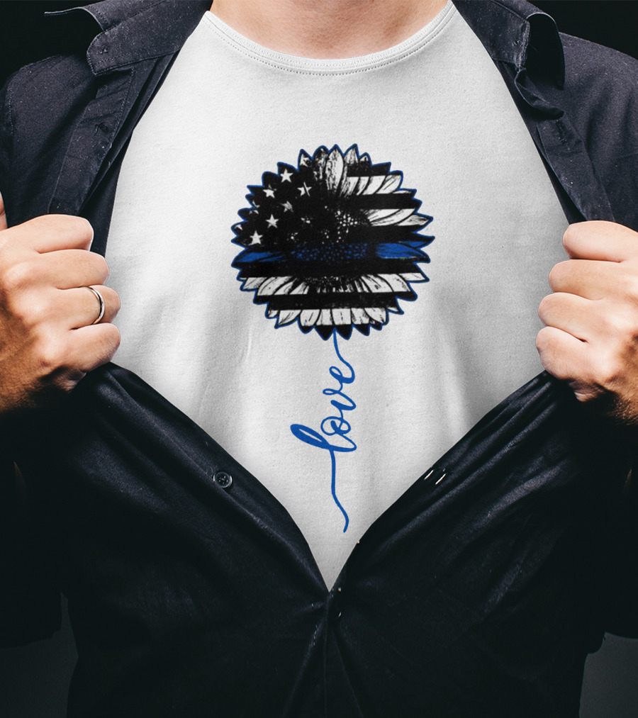 American Flag Sunflower Thin Blue Line Love T-Shirt