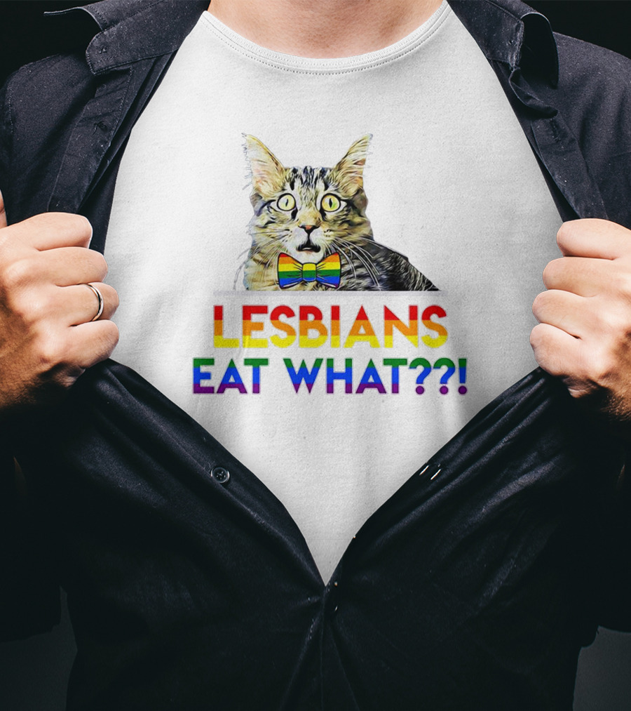 Lesbians Eat What Rainbow Cat Bowtie T-Shirt