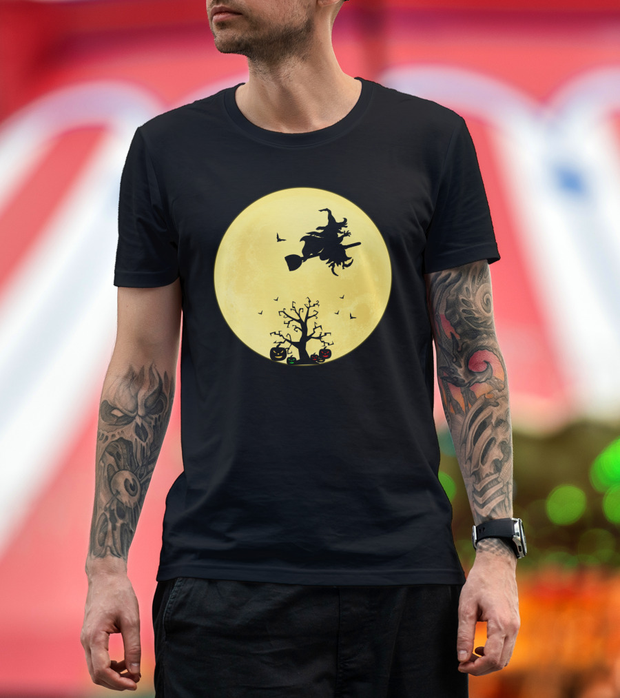 Halloween Witch Flying on Broomstick Over Full Moon with Jack-O'-Lanterns T-Shirt