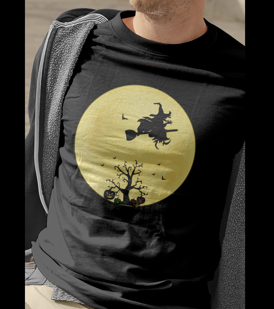 Halloween Witch Flying On Broomstick Over Full Moon With Jack-O'-Lanterns T-Shirt