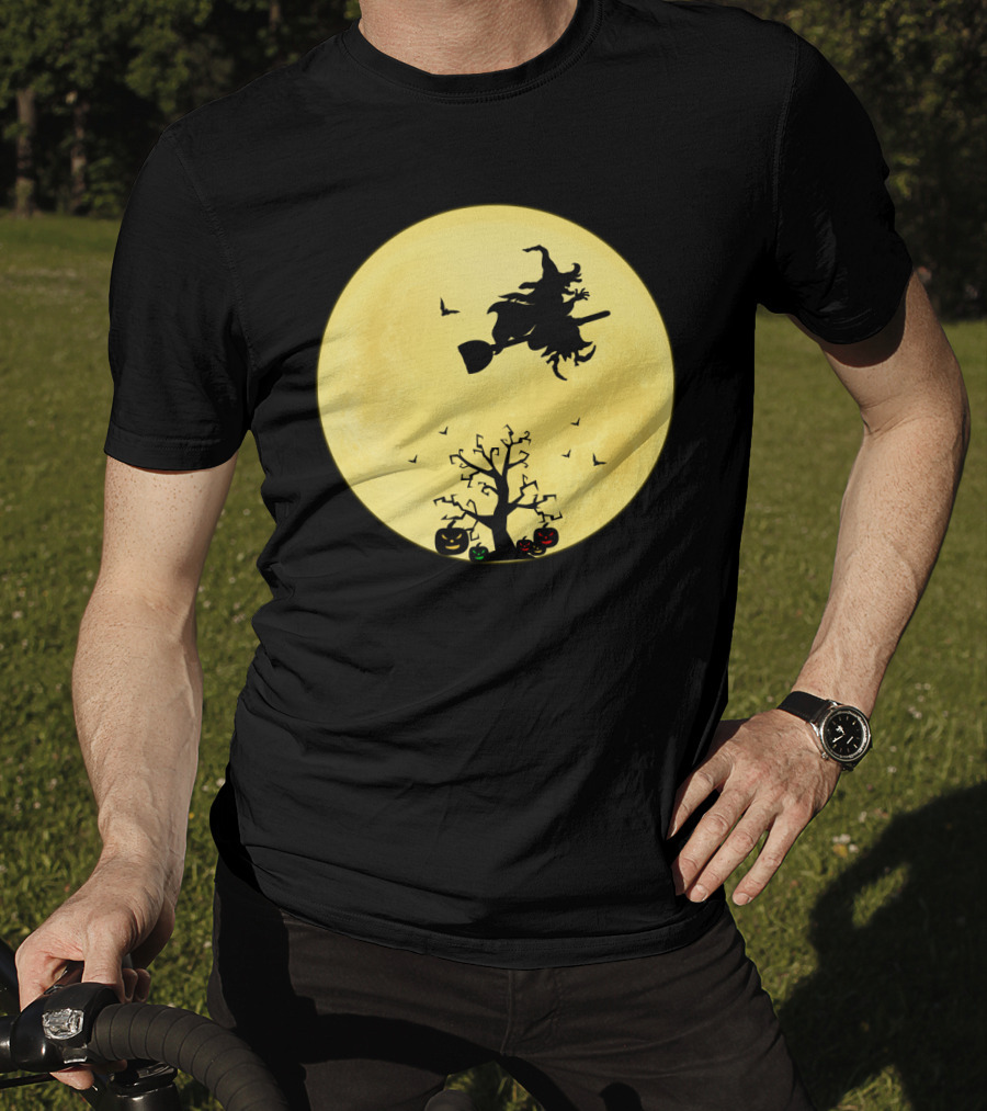 Halloween Witch Flying On Broomstick Over Full Moon With Jack-O'-Lanterns T-Shirt