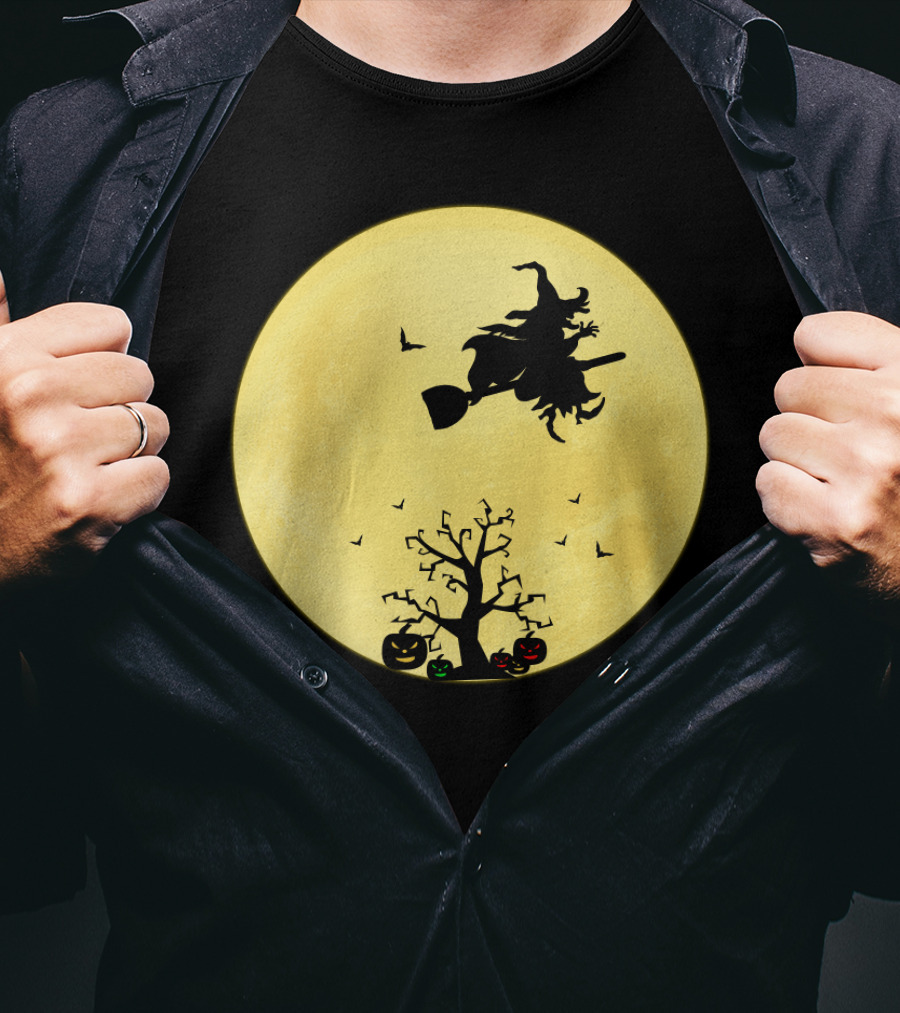 Halloween Witch Flying On Broomstick Over Full Moon With Jack-O'-Lanterns T-Shirt