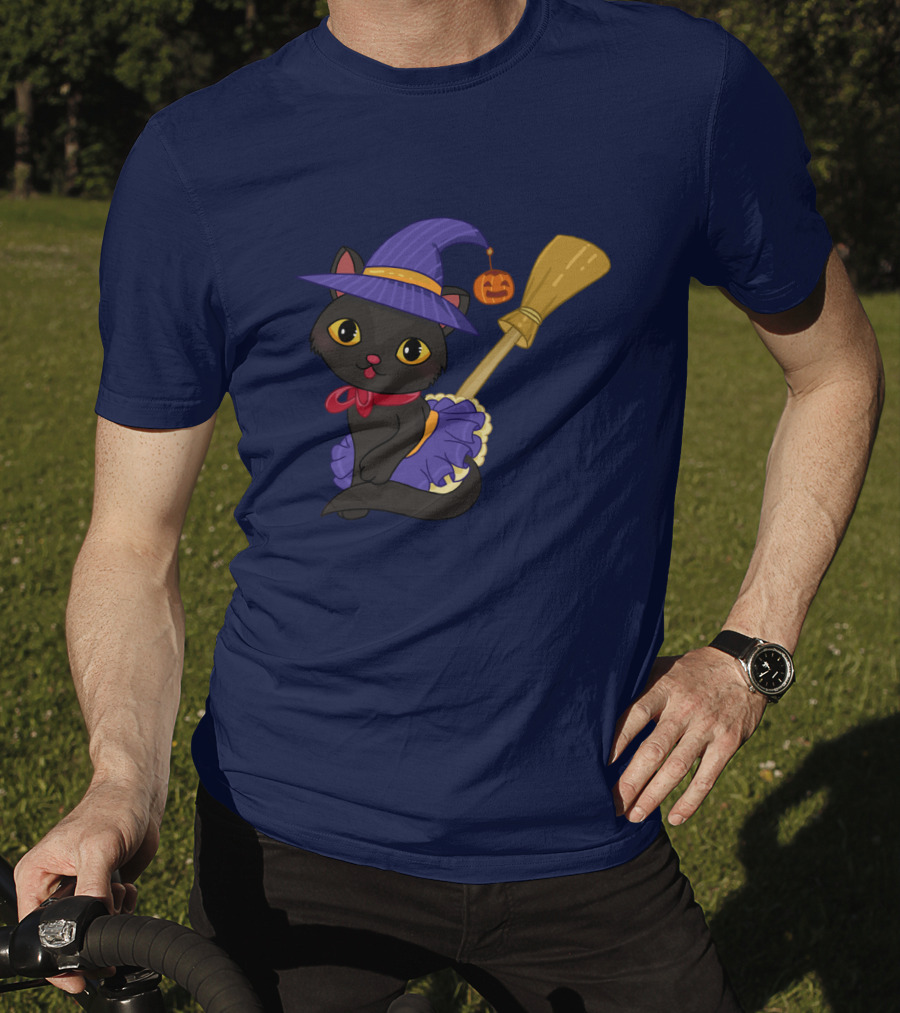 Halloween Black Cat In Witch Hat With Broom And Pumpkin Charm T-Shirt