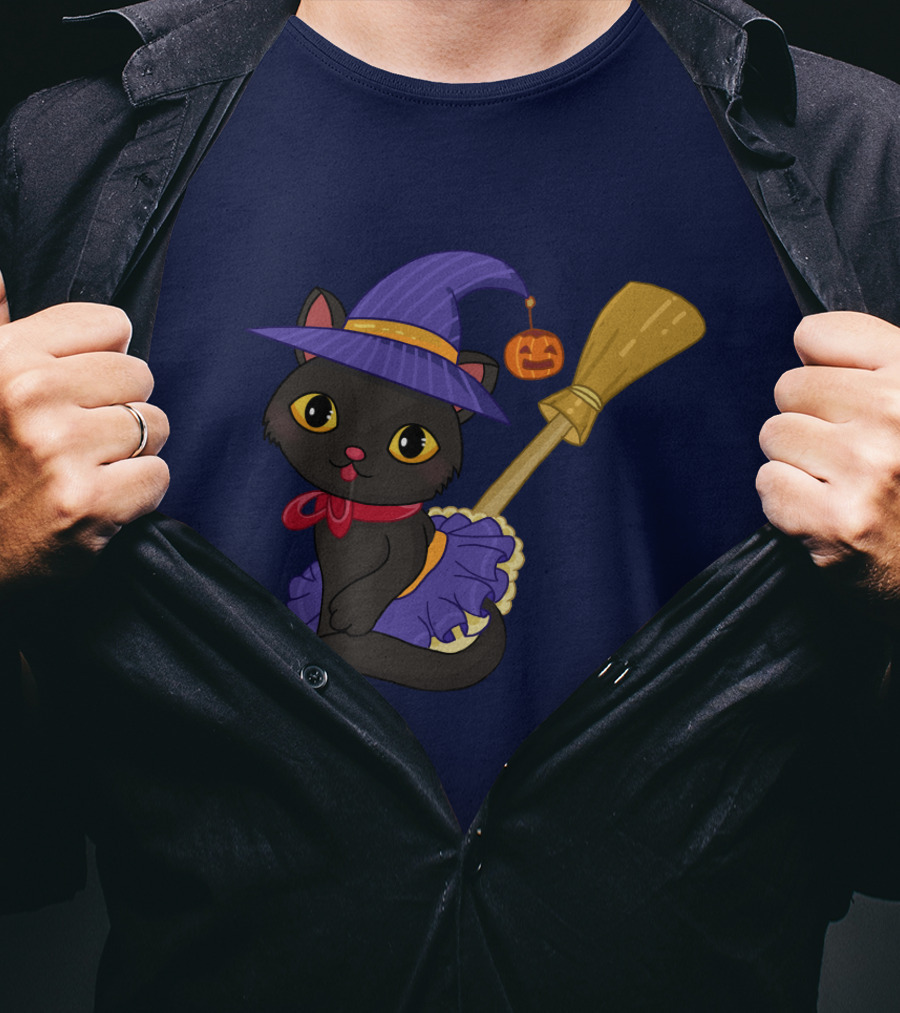 Halloween Black Cat In Witch Hat With Broom And Pumpkin Charm T-Shirt