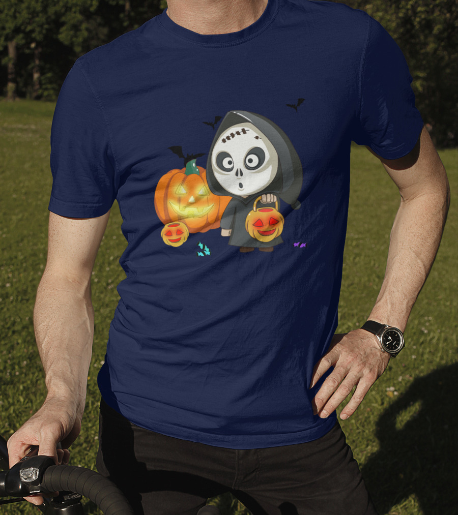 Halloween Makeup Ghost With Pumpkin Lanterns And Bats T-Shirt