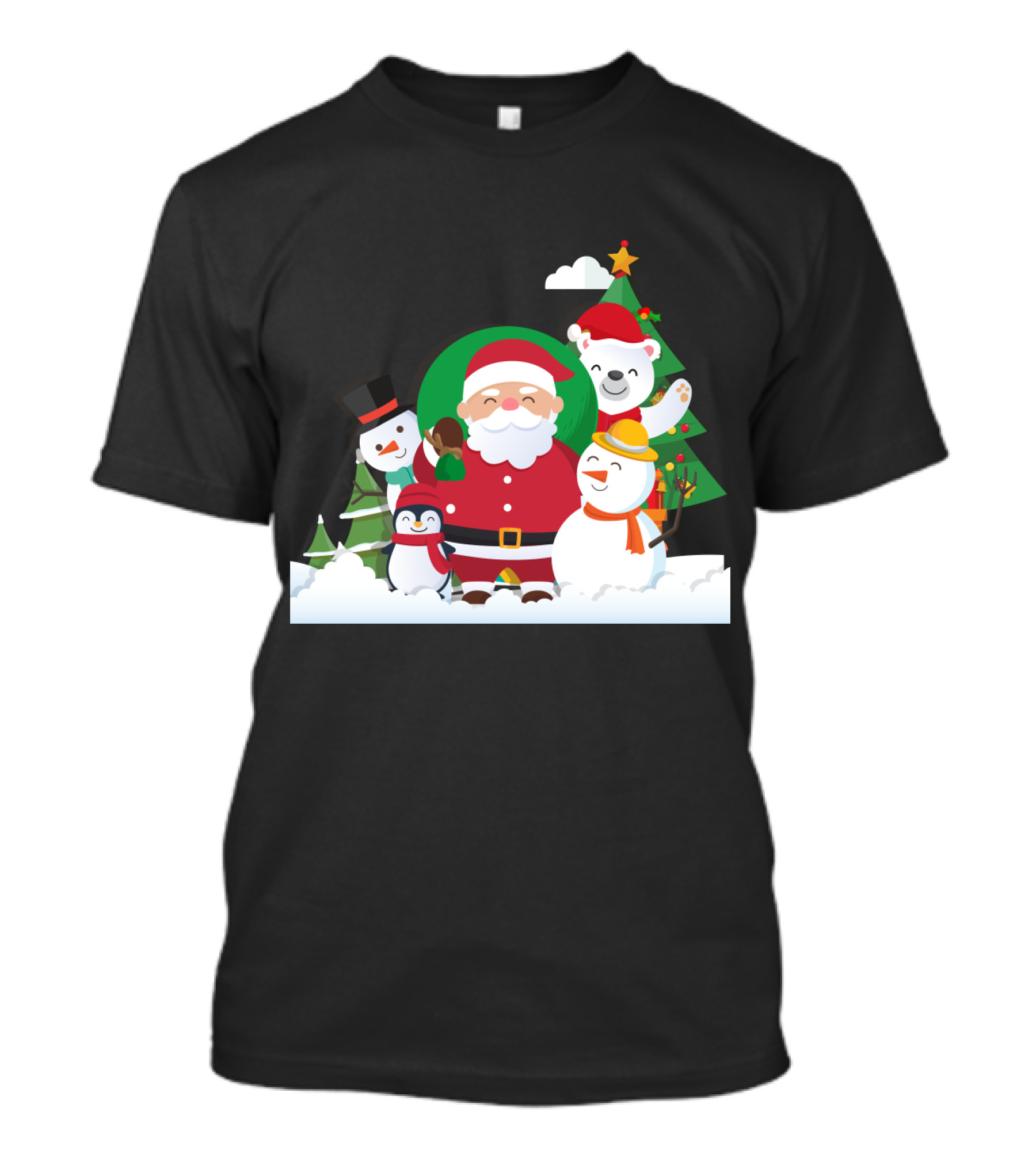 Christmas With Santa Claus Snowman Penguin Polar Bear Festive Scene T-Shirt