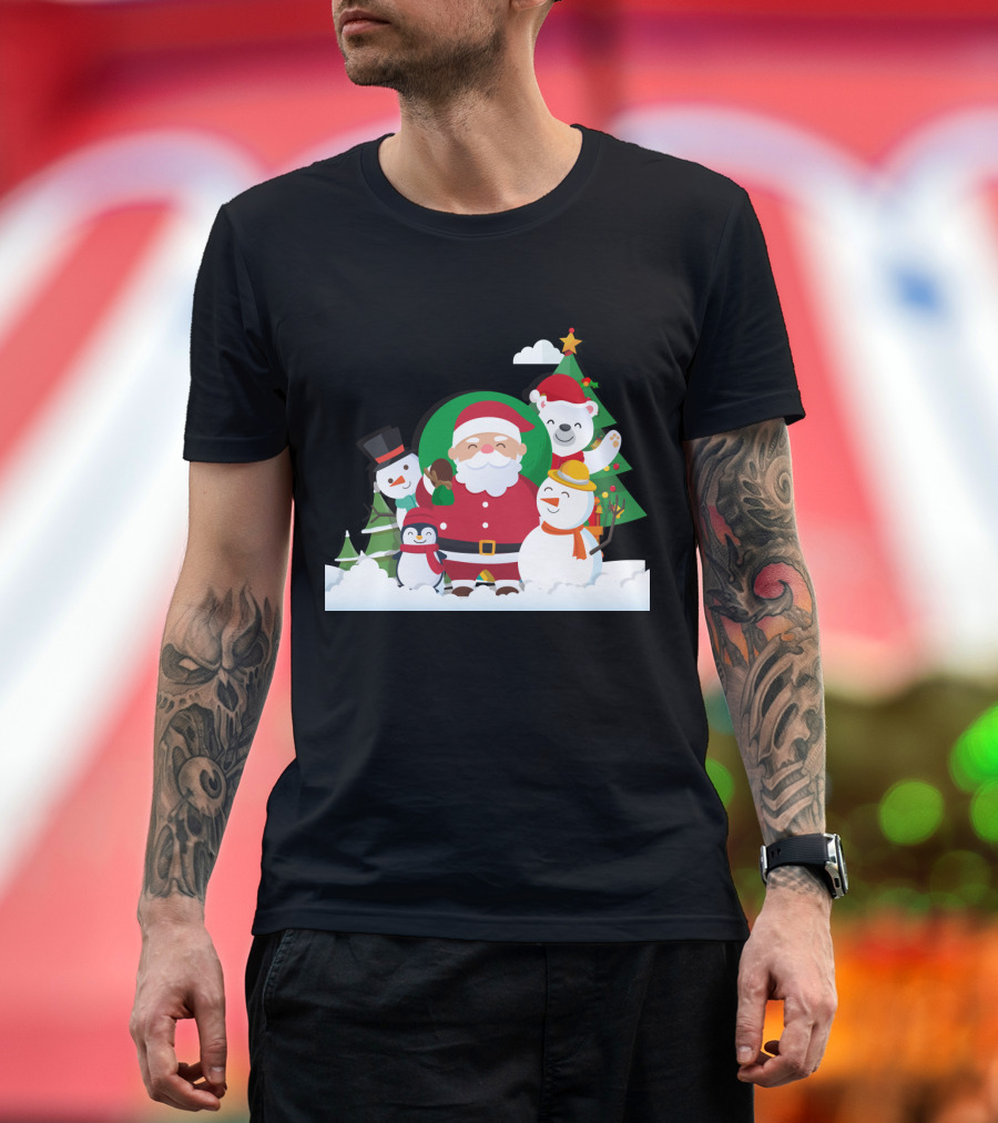 Christmas with Santa Claus Snowman Penguin Polar Bear Festive Scene T-Shirt