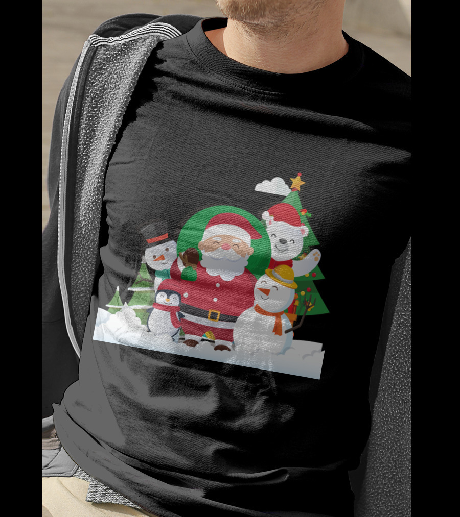 Christmas With Santa Claus Snowman Penguin Polar Bear Festive Scene T-Shirt
