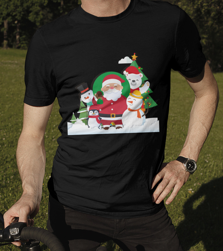 Christmas With Santa Claus Snowman Penguin Polar Bear Festive Scene T-Shirt
