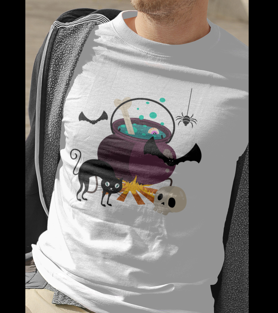Halloween Black Cat Bat Spider Skull And Magic Potion Cauldron T-Shirt
