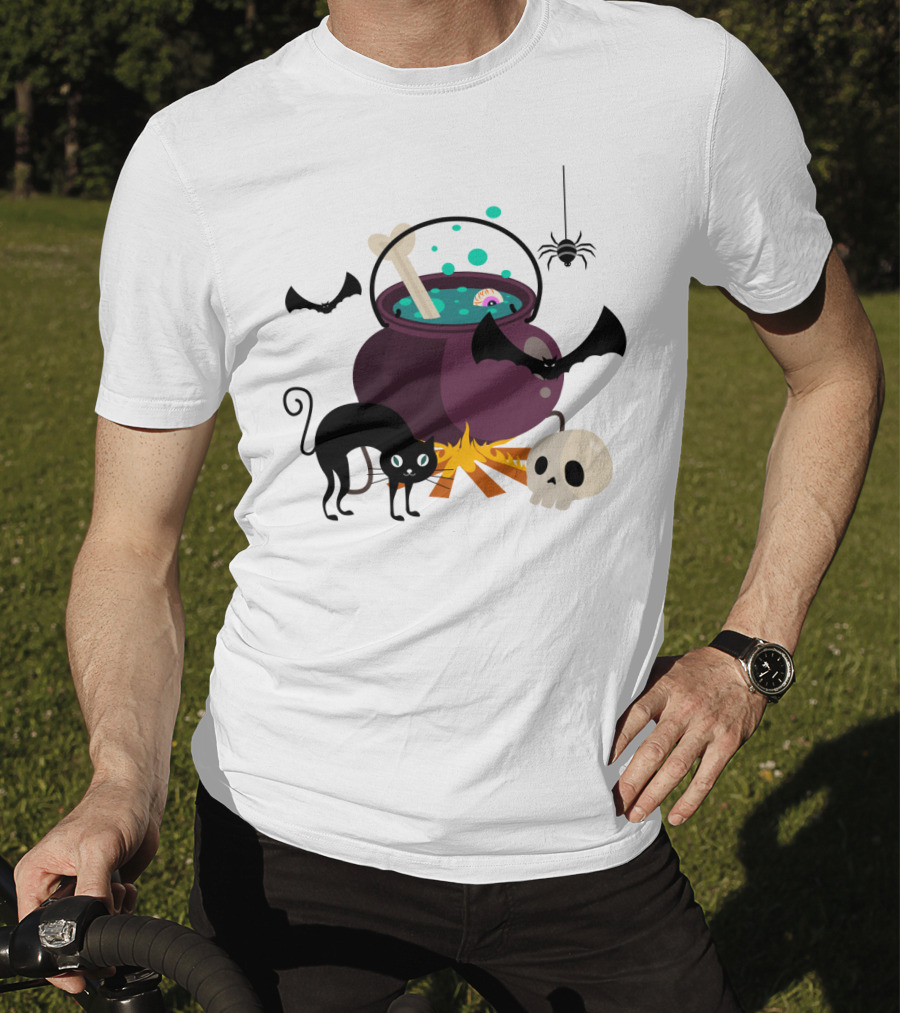 Halloween Black Cat Bat Spider Skull And Magic Potion Cauldron T-Shirt