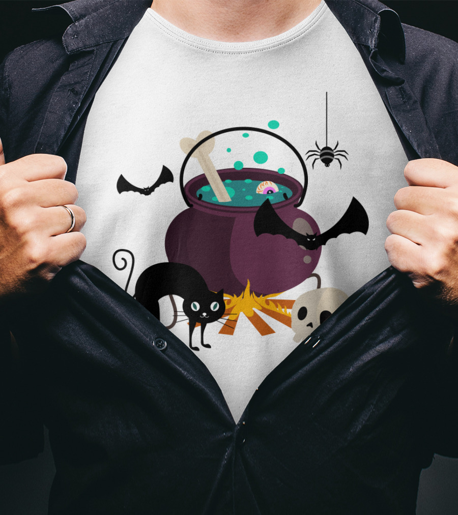 Halloween Black Cat Bat Spider Skull And Magic Potion Cauldron T-Shirt