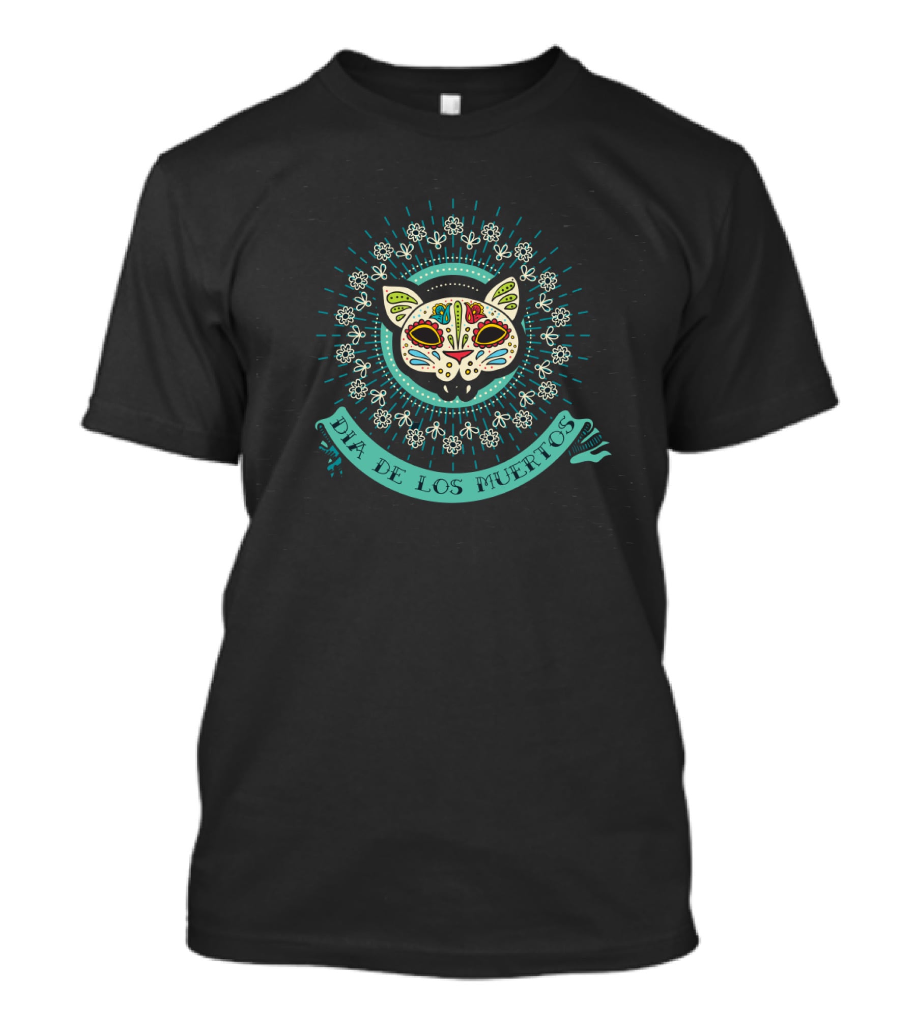 Dia De Los Muertos Sugar Skull Cat With Floral Decor In Teal And White T-Shirt