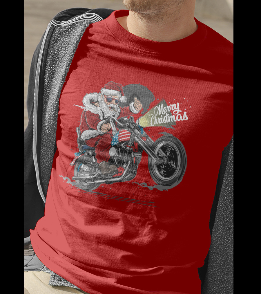Merry Christmas Santa Claus Motorcycle USA America T-Shirt
