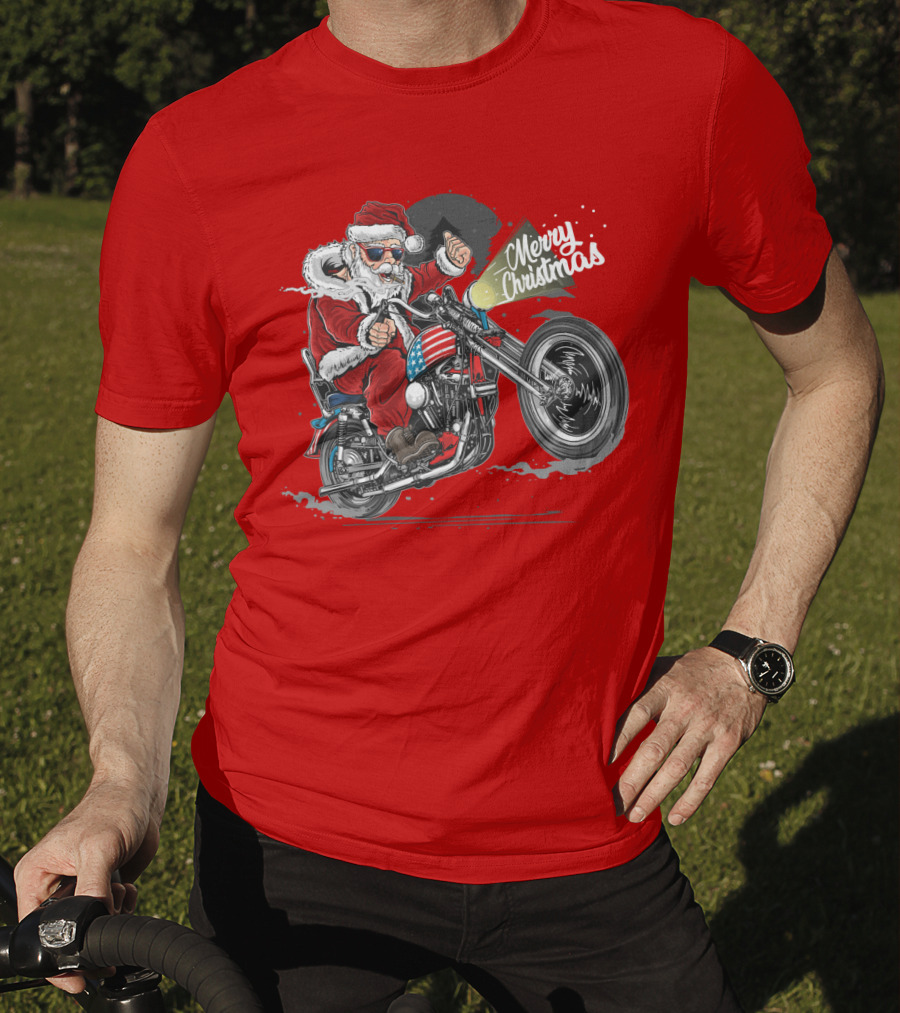 Merry Christmas Santa Claus Motorcycle USA America T-Shirt