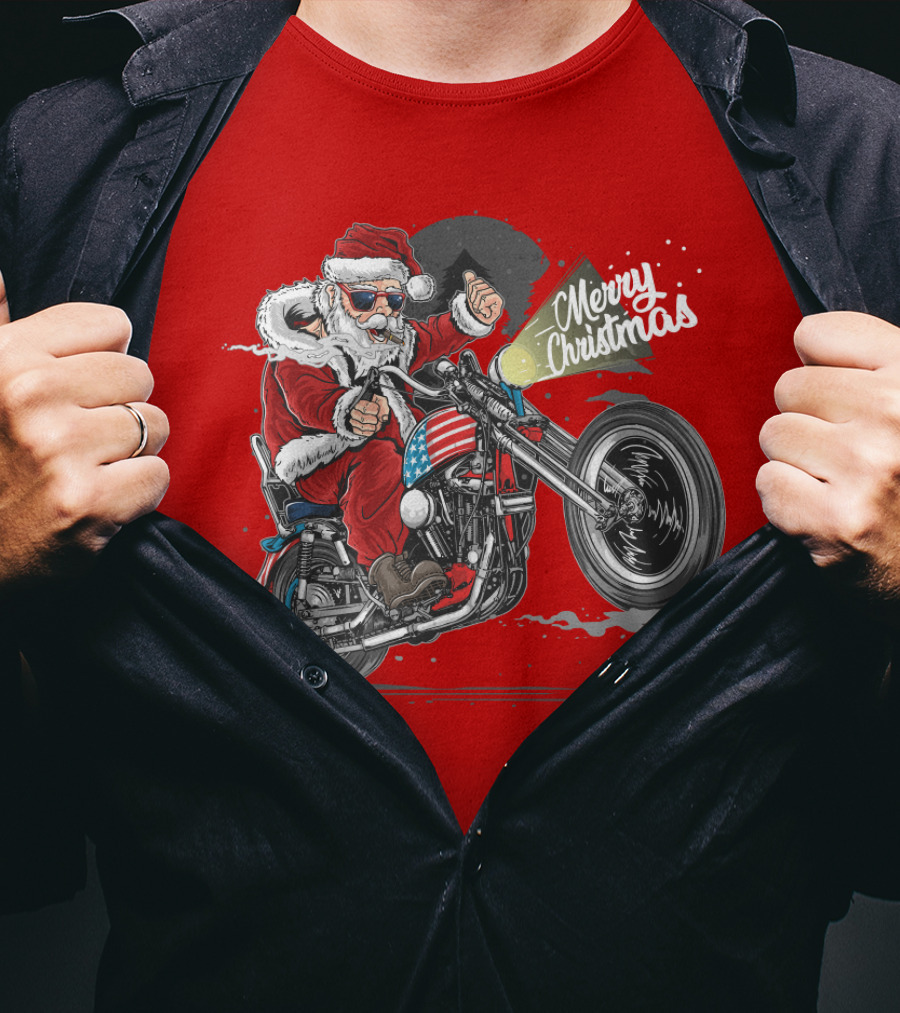 Merry Christmas Santa Claus Motorcycle USA America T-Shirt