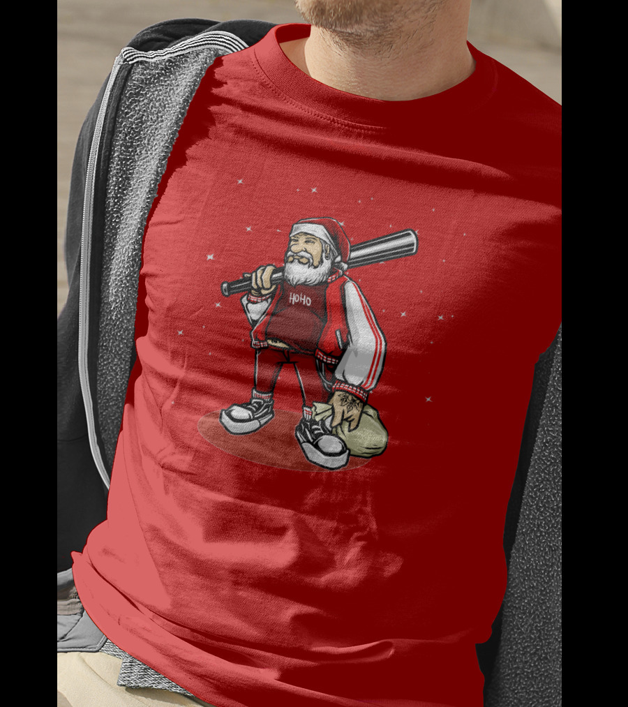 Santa Ho Ho Gangster Style With Baseball Bat And Bag T-Shirt