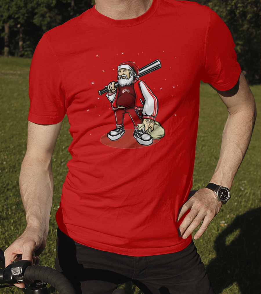 Santa Ho Ho Gangster Style With Baseball Bat And Bag T-Shirt