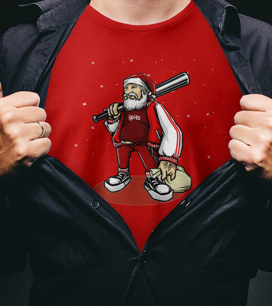 Santa Ho Ho Gangster Style With Baseball Bat And Bag T-Shirt