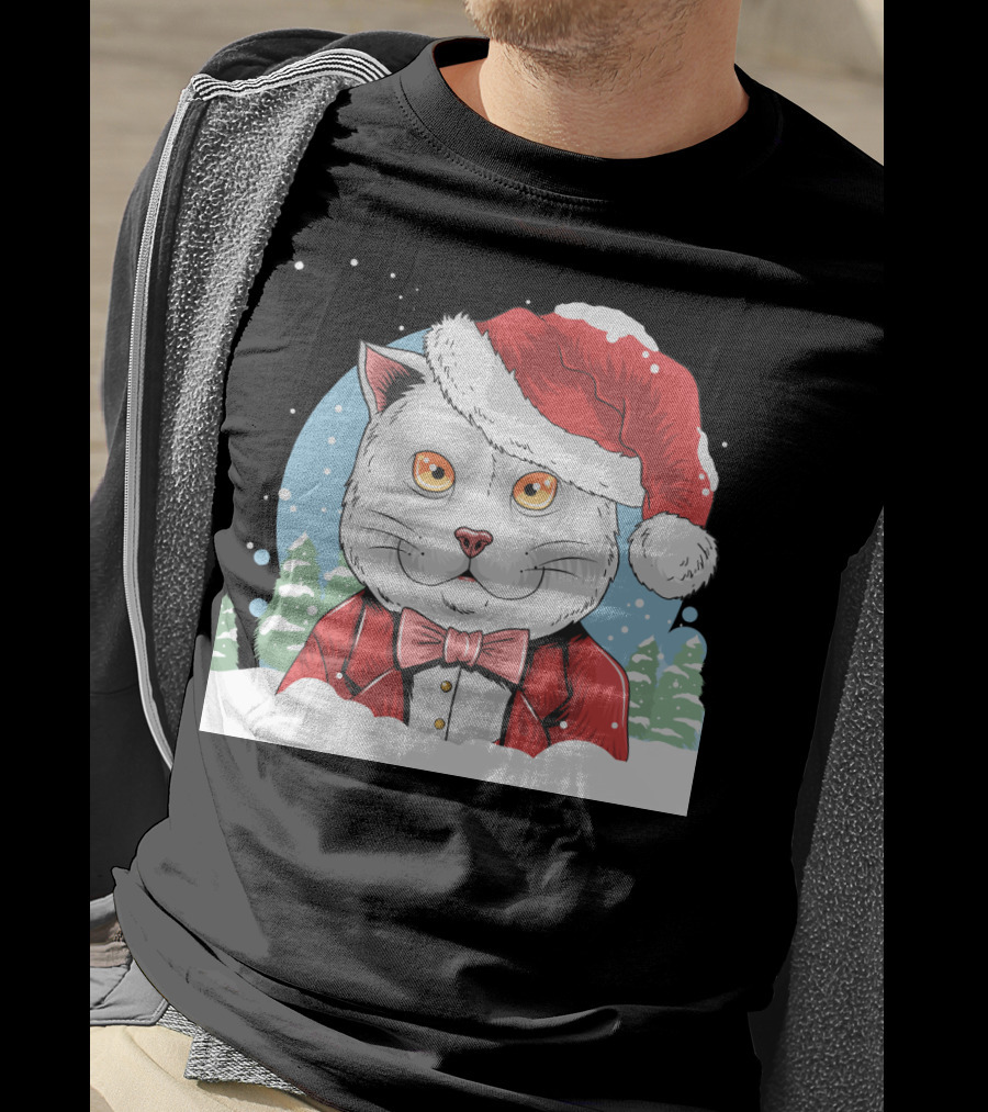 Santa Claus Cat In Winter Wonderland Christmas Scene T-Shirt