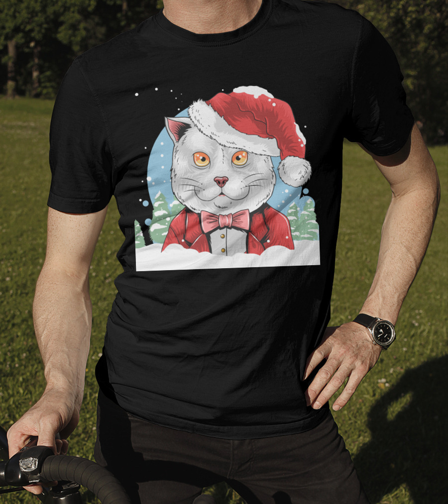 Santa Claus Cat In Winter Wonderland Christmas Scene T-Shirt