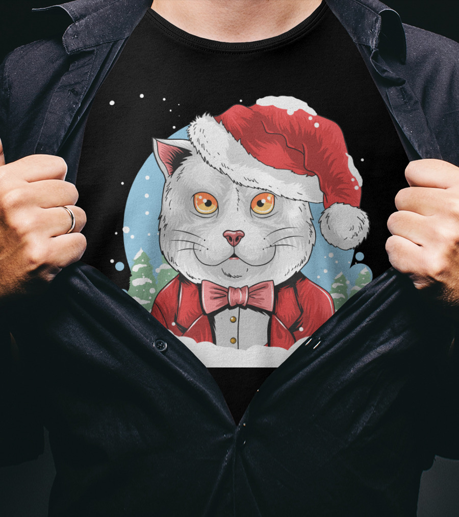 Santa Claus Cat In Winter Wonderland Christmas Scene T-Shirt