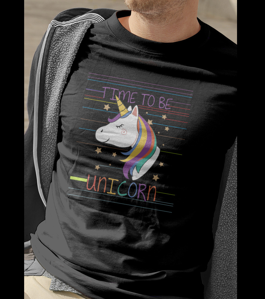 TIME TO BE UNICORN Colorful Stars Stripes Rainbow Mane T-Shirt