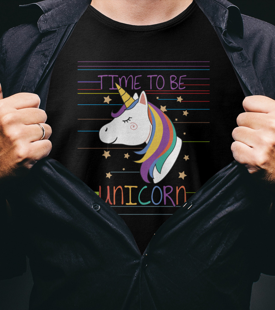 TIME TO BE UNICORN Colorful Stars Stripes Rainbow Mane T-Shirt