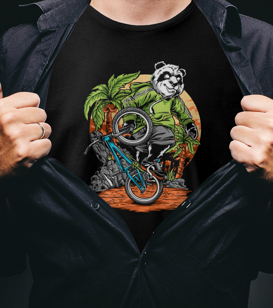Panda Performs Bicycle Stunt In Tropical Setting T-Shirt