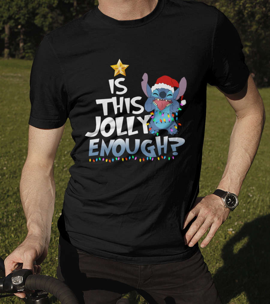 Is This Jolly Enough Stitch Christmas Lights Santa Hat T-Shirt