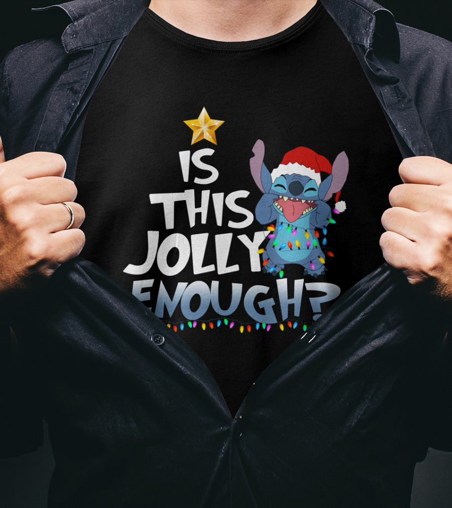 Is This Jolly Enough Stitch Christmas Lights Santa Hat T-Shirt