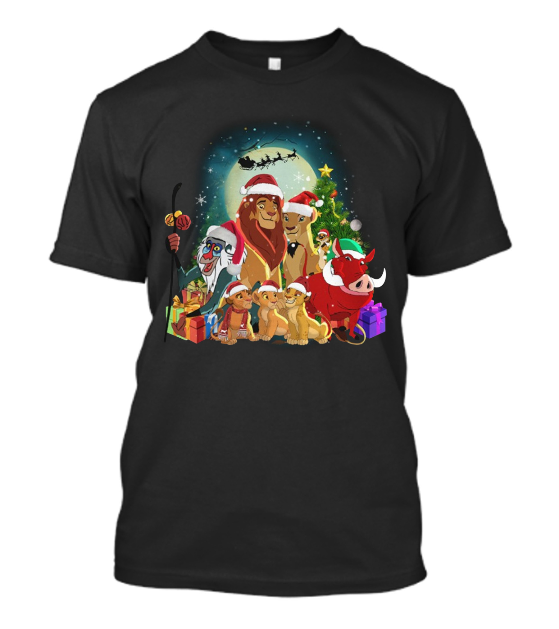 The Lion King Merry Christmas Santa Hats Moon And Sleigh T-Shirt