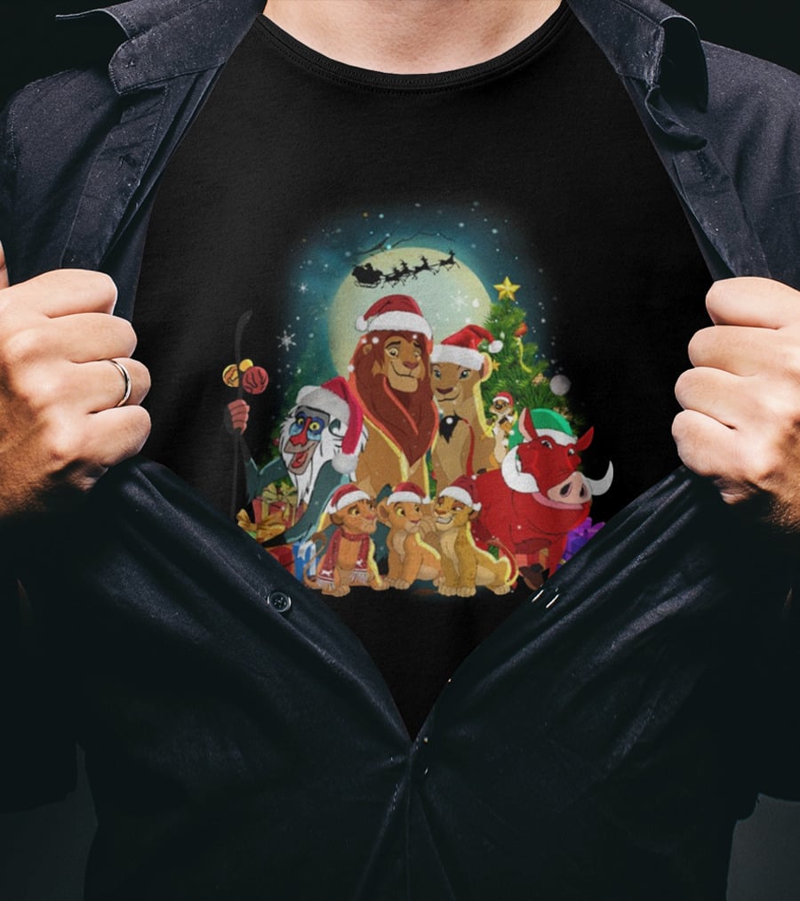 The Lion King Merry Christmas Santa Hats Moon And Sleigh T-Shirt