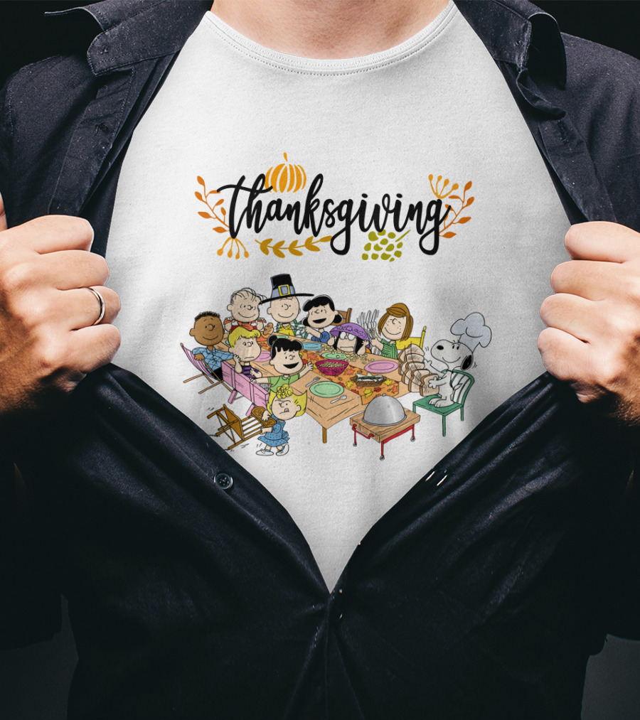 Thanksgiving Feast With Peanuts Characters Around The Table T-Shirt