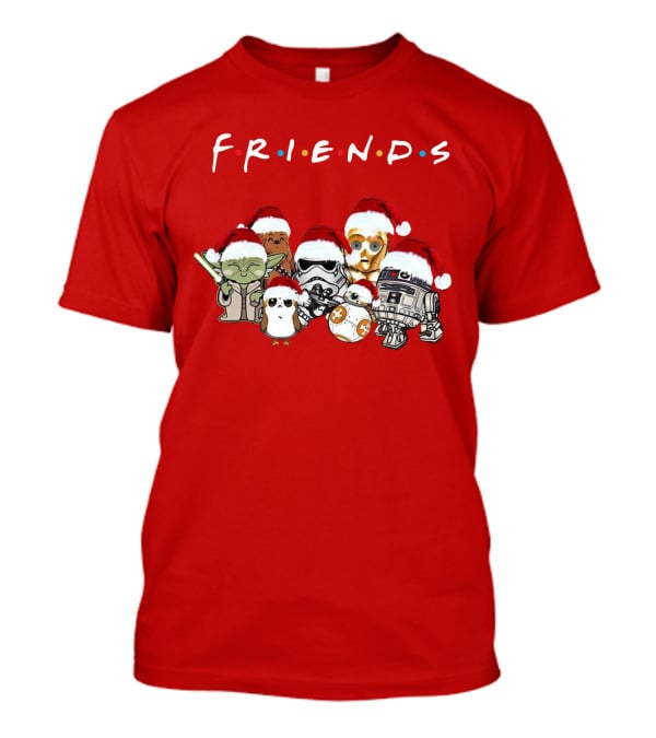 Star Wars Characters Yoda Chewbacca Porgs Stormtrooper R2 D2 C 3PO BB 8 Friends TV Show Christmas Santa Hats T-Shirt