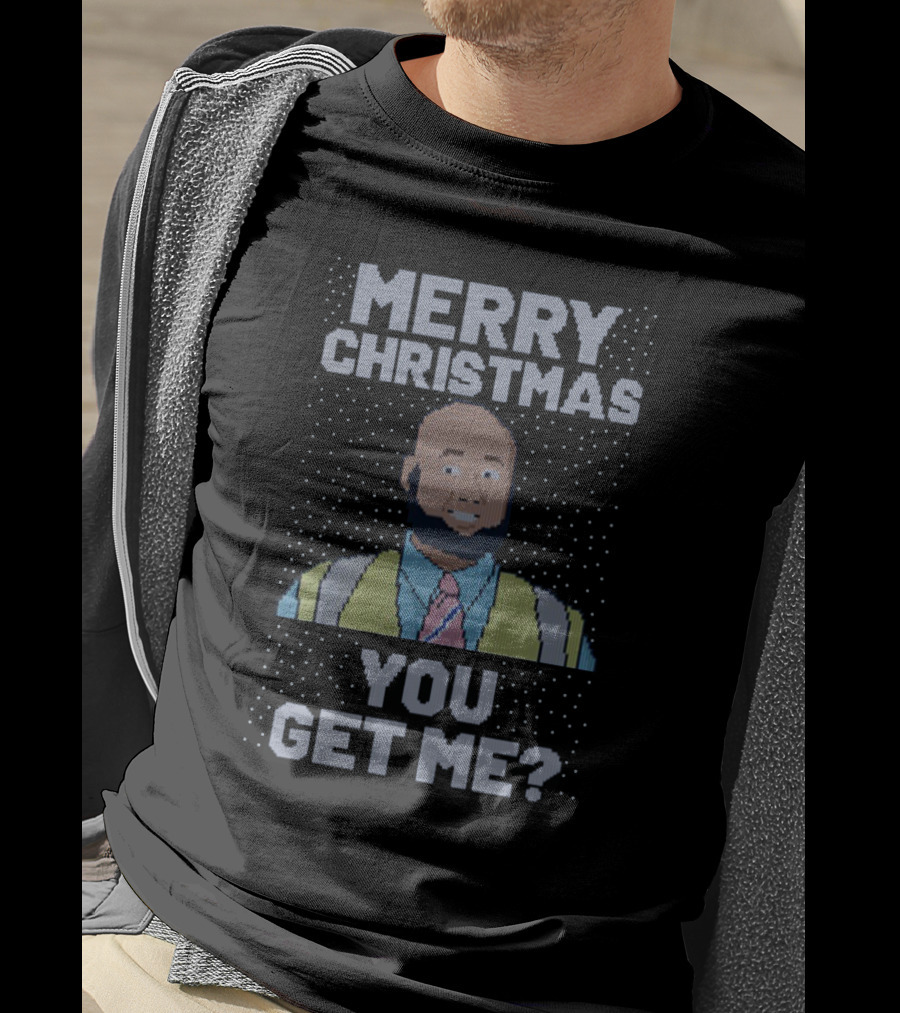Merry Christmas You Get Me Bald Bearded Man In Tie And V-Neck Sweater Pixel T-Shirt