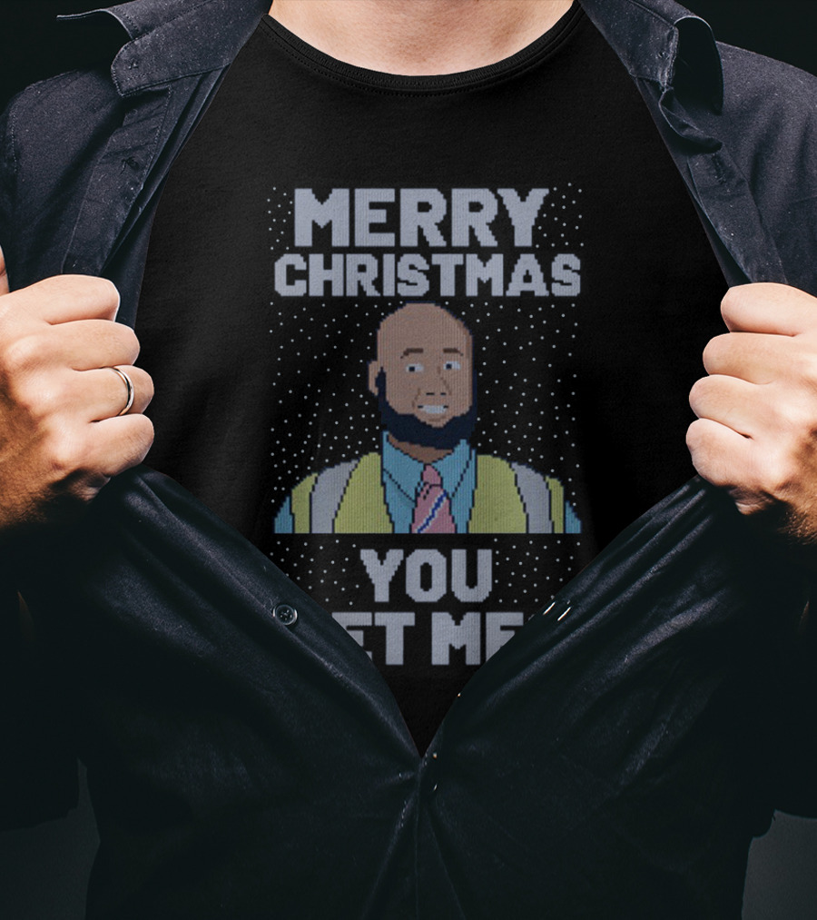 Merry Christmas You Get Me Bald Bearded Man In Tie And V-Neck Sweater Pixel T-Shirt