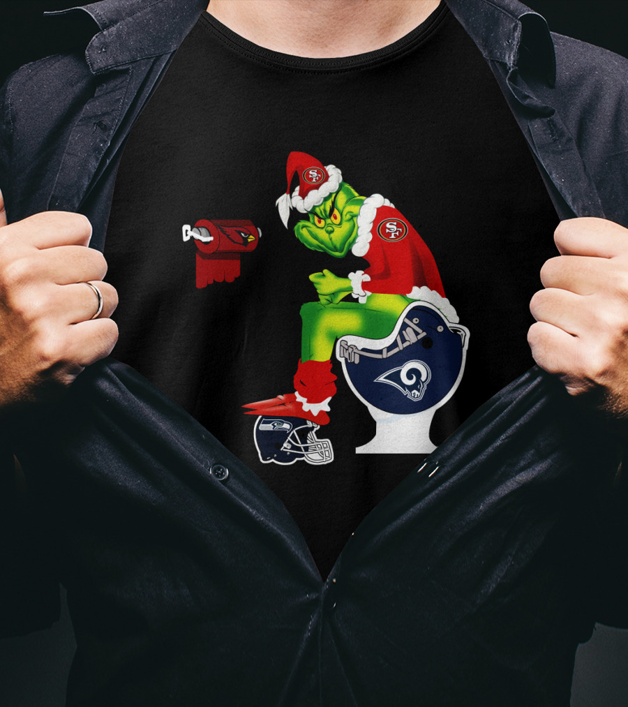 49ers Grinch On Rams Toilet With Cardinals Toilet Paper Seahawks Helmet T-Shirt