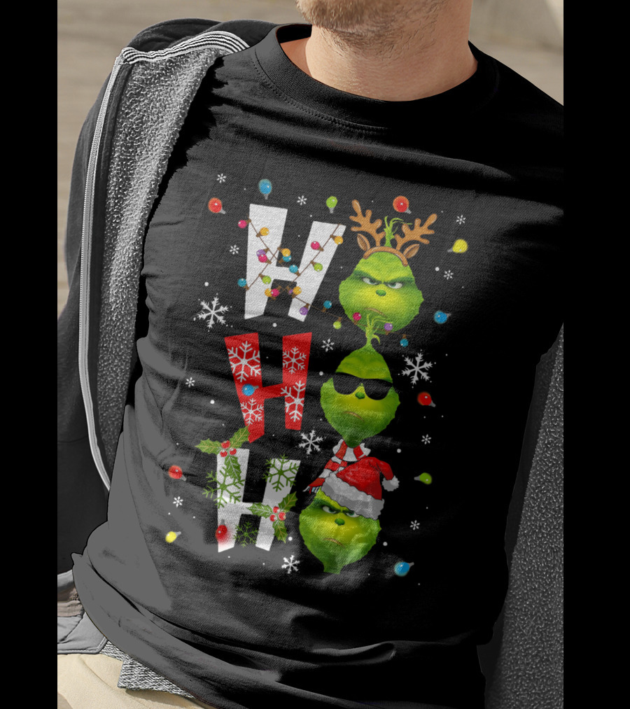 Ho Ho Ho Grinch Christmas Lights Antlers Hat Sunglasses Snowflakes T-Shirt