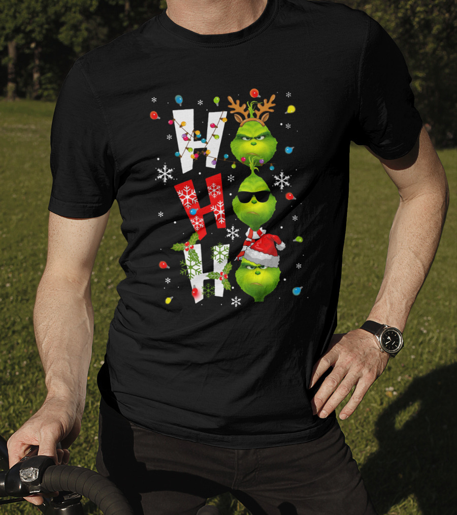 Ho Ho Ho Grinch Christmas Lights Antlers Hat Sunglasses Snowflakes T-Shirt