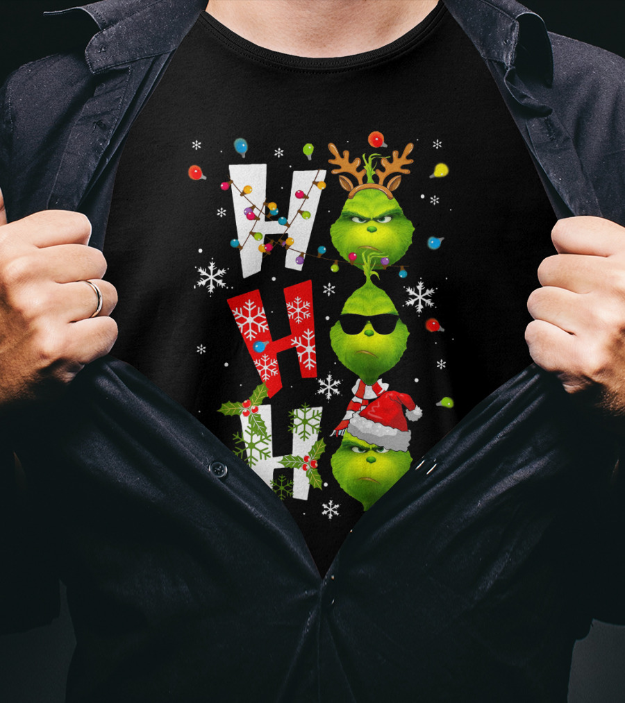 Ho Ho Ho Grinch Christmas Lights Antlers Hat Sunglasses Snowflakes T-Shirt